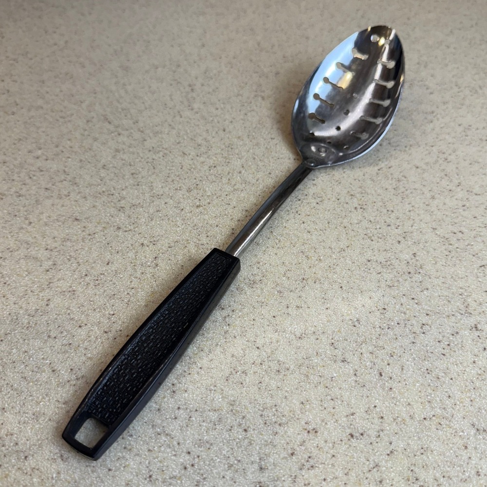Vintage EKCO Slotted‎ Spoon Chromium Plated Black Handle USA Kitchen Utensil